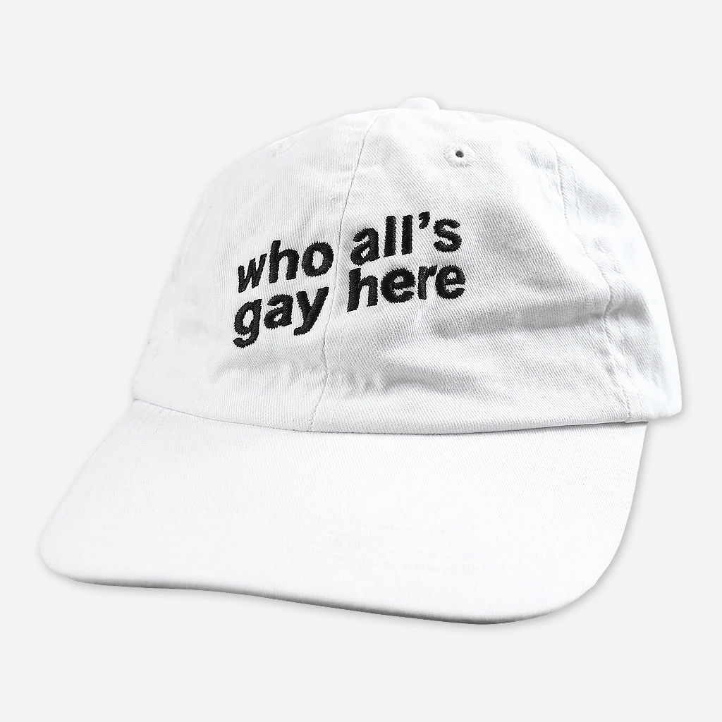 Autostraddle New Merch Who All's Gay Here Hat 1 Autostraddle New Merch Who All's Gay Here Hat